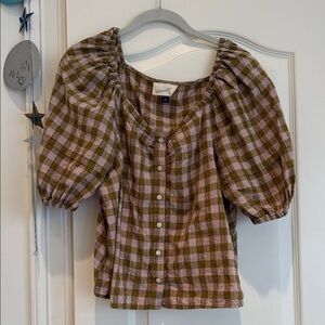 Universal Thread Checkered Puff Sleeve Blouse - Pink and Brown